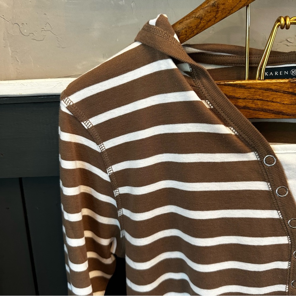 Karen Scott Sport Woman's Cotton White & Tan Striped With Hood Size‎  M - Picture 4 of 11